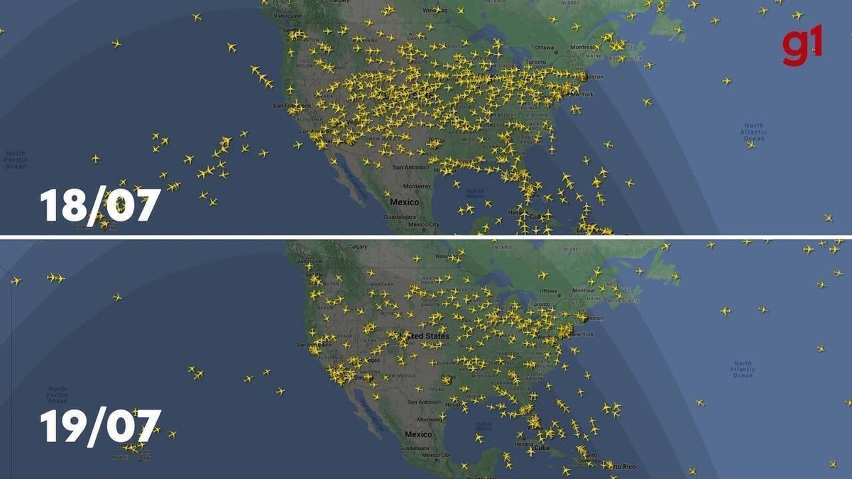 Plataforma de controle de voos mostra queda no número de aviões durante apagão cibernético nos EUA; VÍDEO | Tecnologia